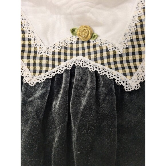 Vintage Little Precious Toddler Black Crushed Velvet Dress sz 2T Lace Plaid Gold - Picture 5 of 13